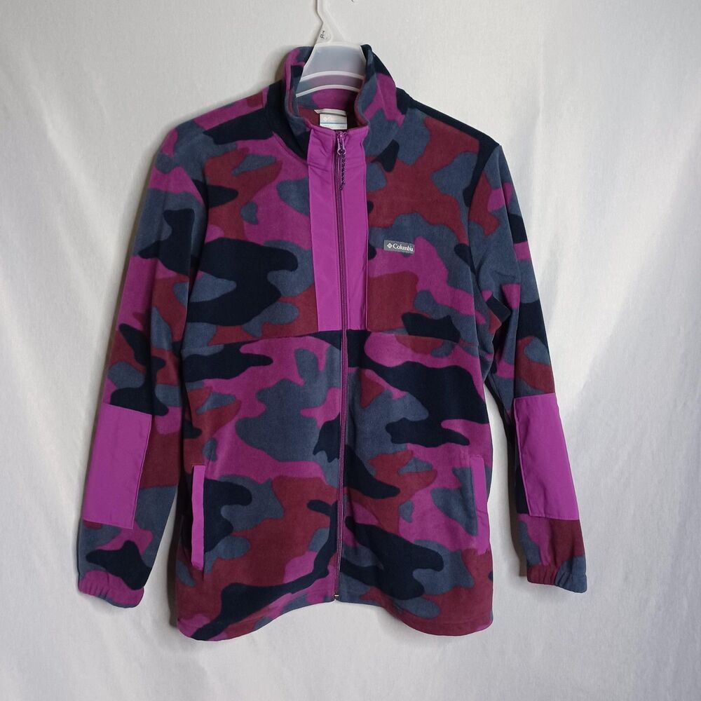 Columbia Fleece Jacket Womens XXL Purple Camo Full Zip Outdoor Hiking Warm